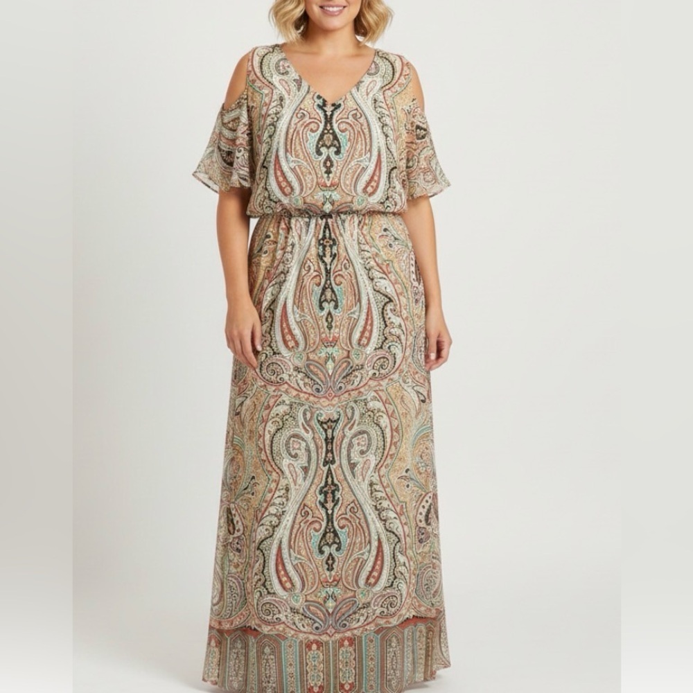 Chicos Maxi Rust Beige Paisley Maxi Summer dress with flowy short sleeves  3XL